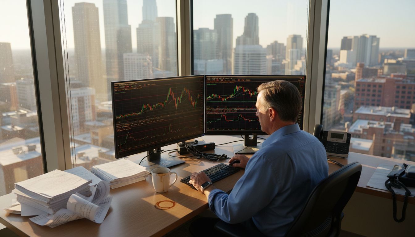 Financial analyst monitors gold trading screens