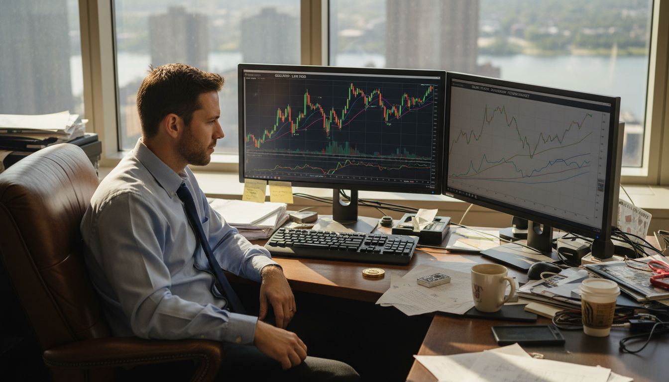 Trader at desk comparing gold and other metals charts