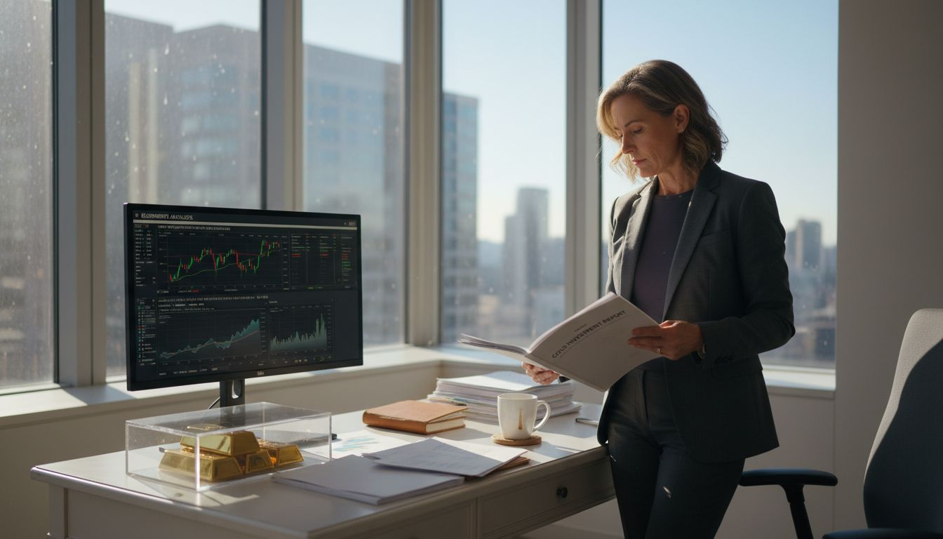 Portfolio manager reviewing gold investment report