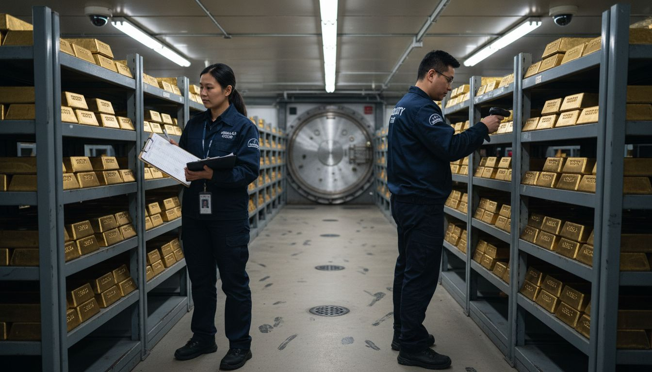 Staff checking gold bars inside secure vault