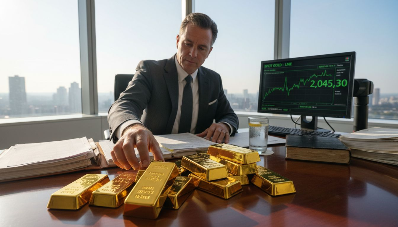 Investor reviewing gold bars and documents