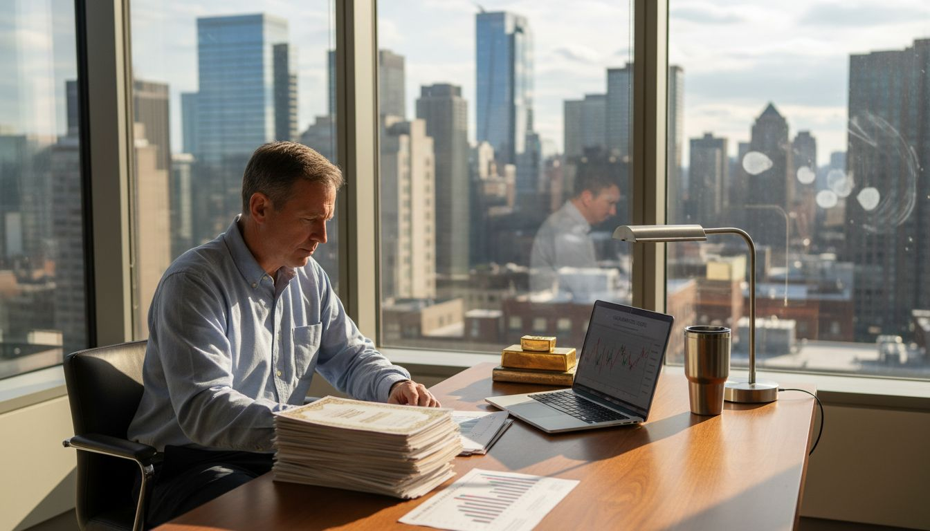 Investor examining gold investment documents in office