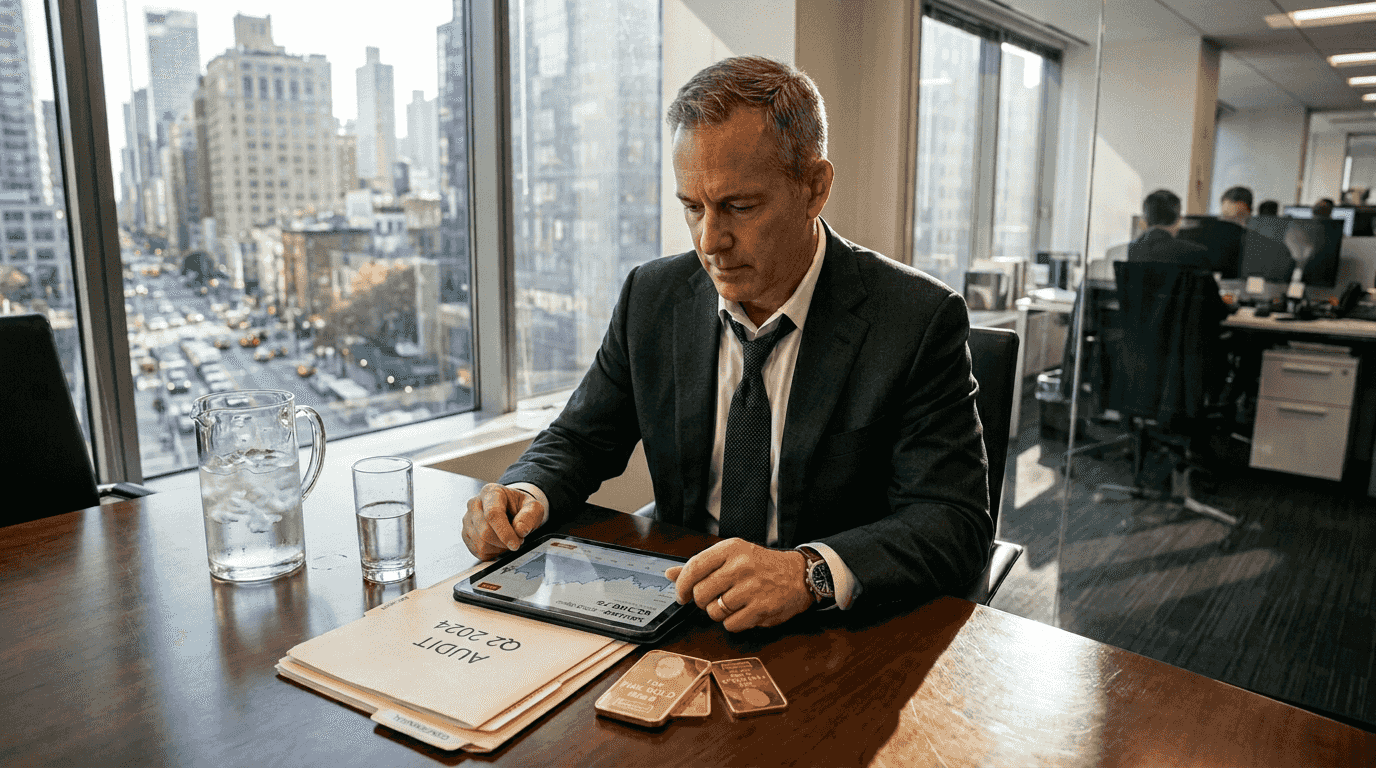 Investor checking gold platform data at office table