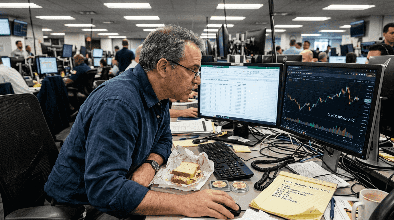 Trader studying gold futures data on screens