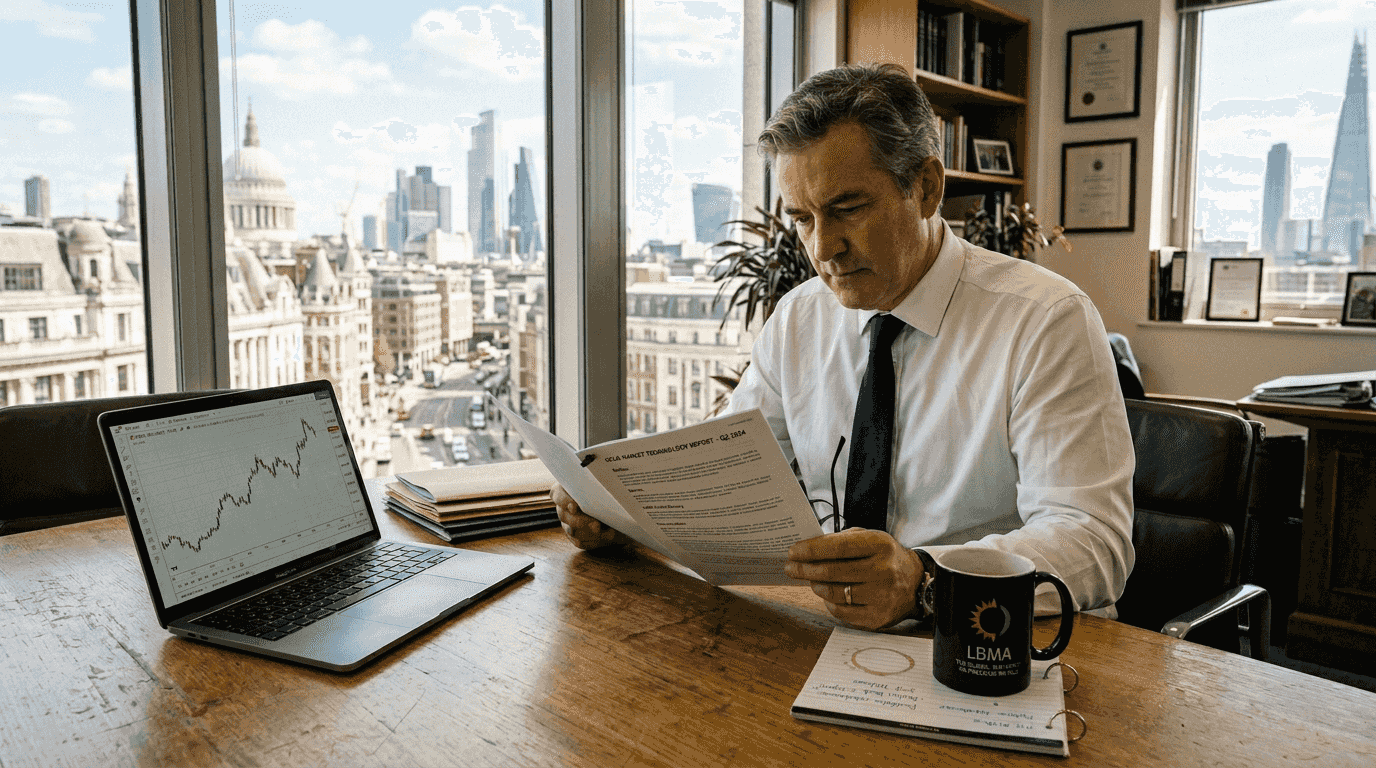 Investor reviewing gold trading terms in office