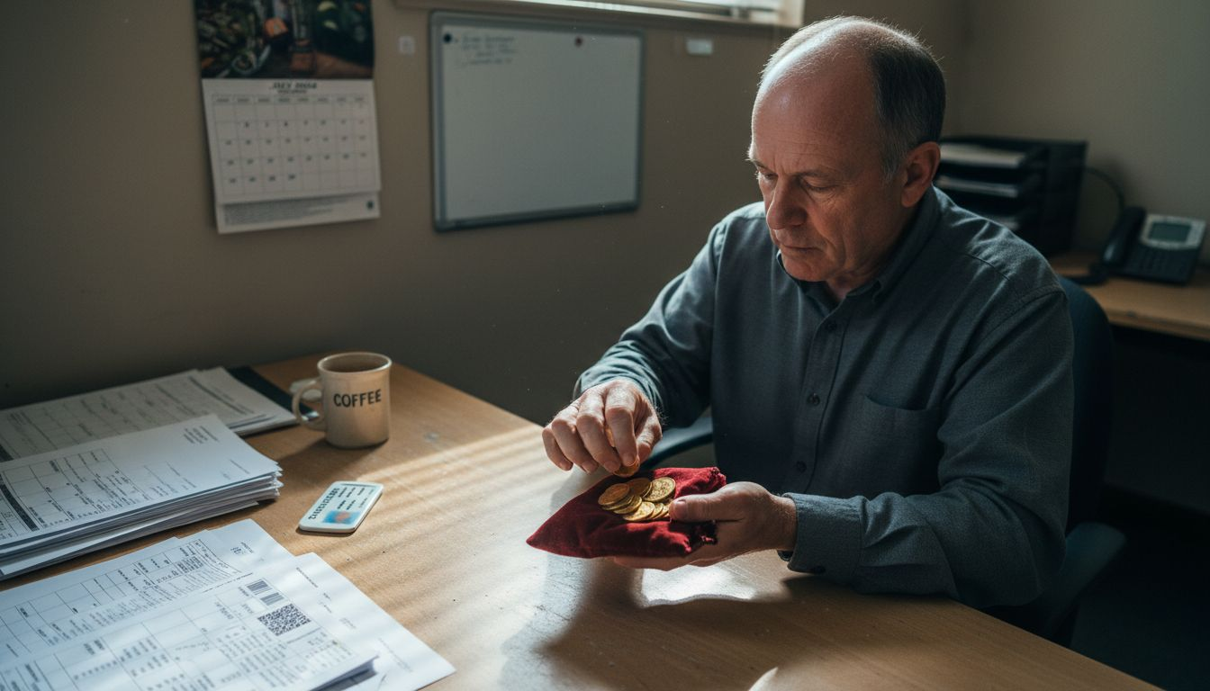 Counting physical gold coins with paperwork stack