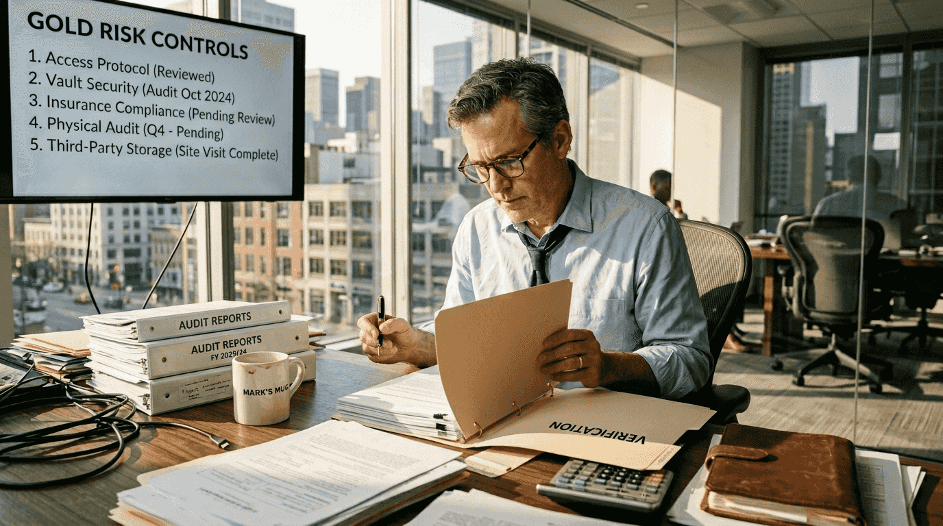 Risk officer auditing gold trading paperwork