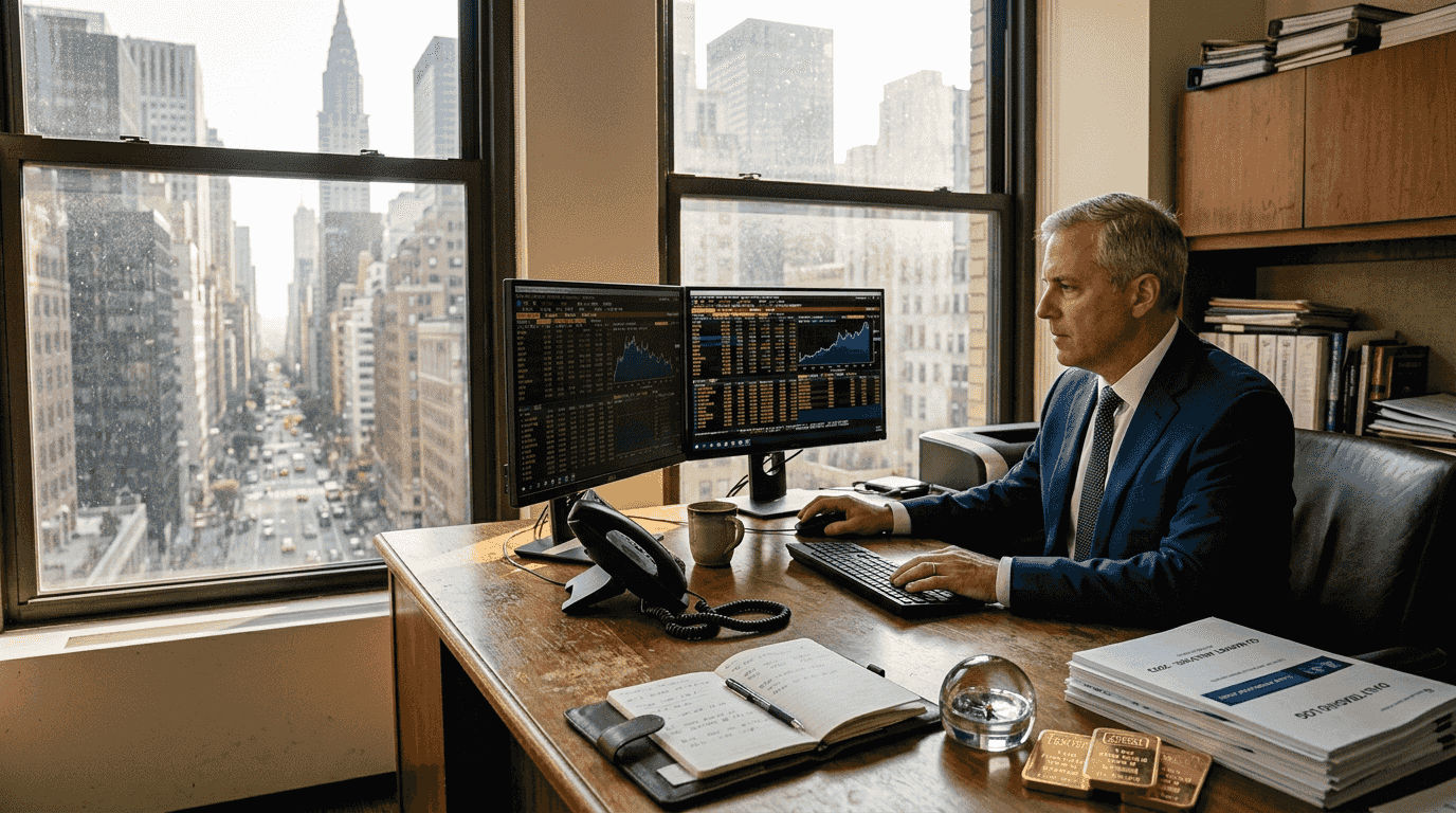 Trader viewing gold market office scene