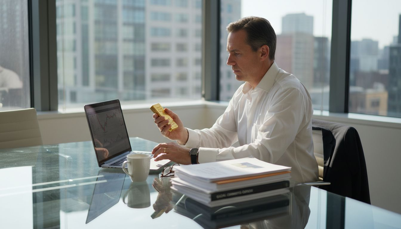Investor examining gold bar and market charts