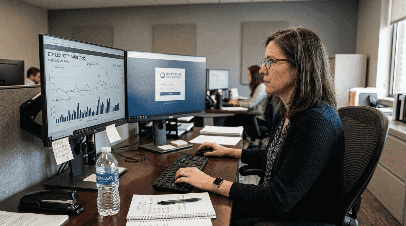 Analyst executing gold ETF trade at workstation