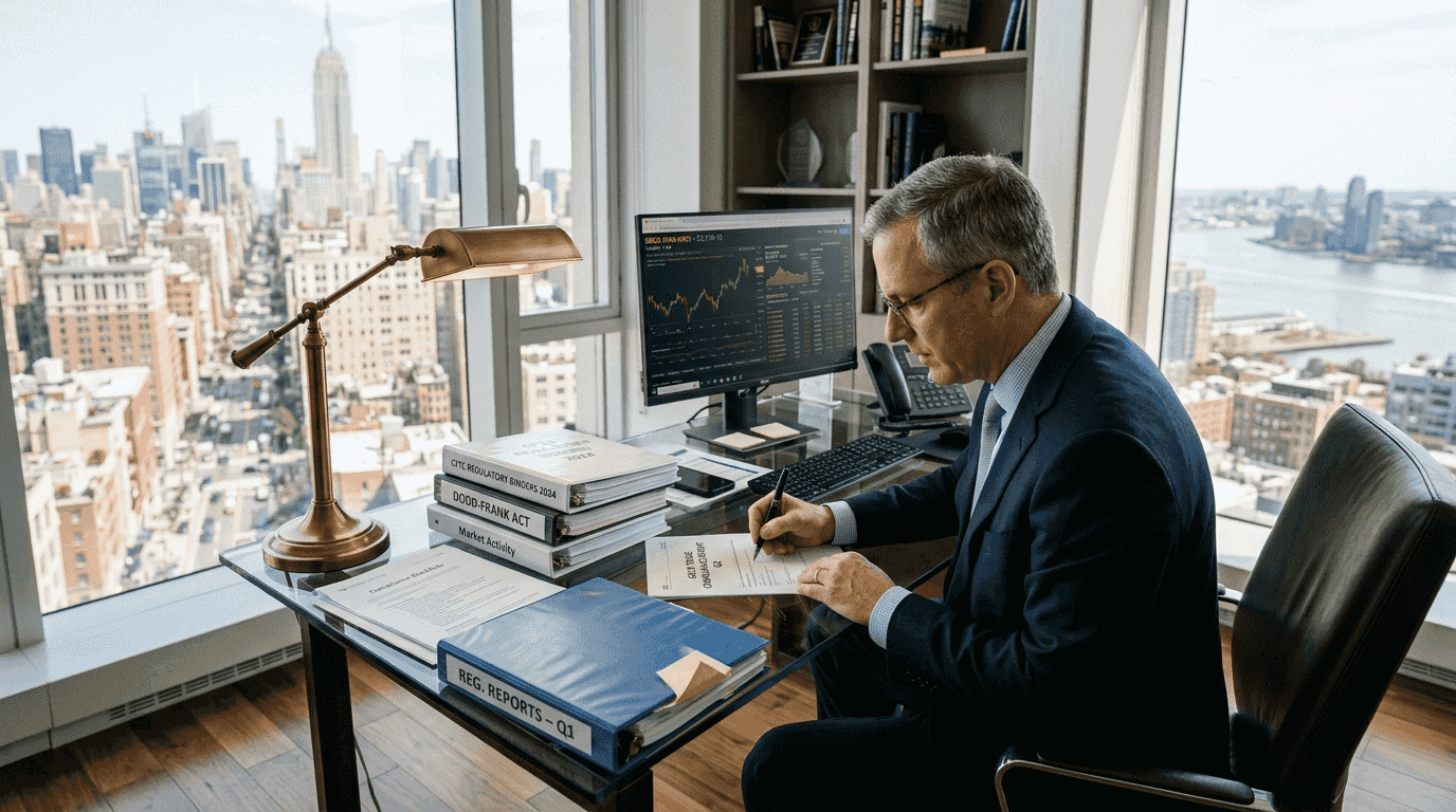 Gold trader reviewing compliance documents at desk