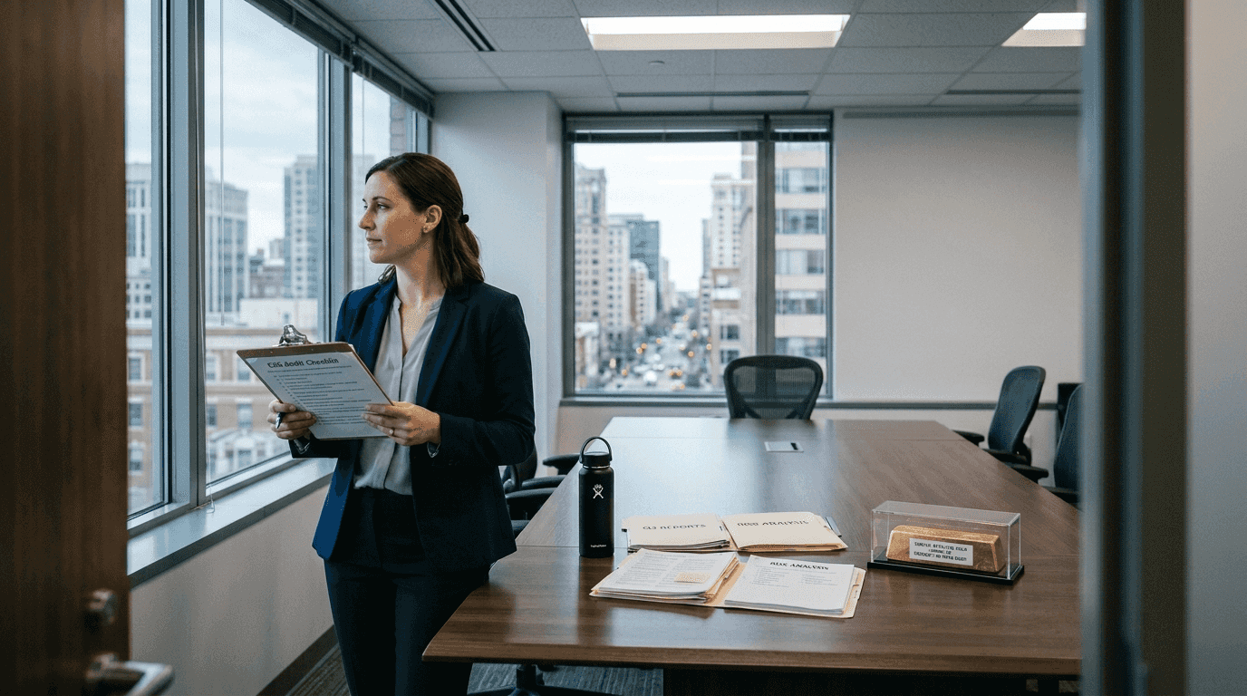 Risk manager conducting ESG audit with gold sample