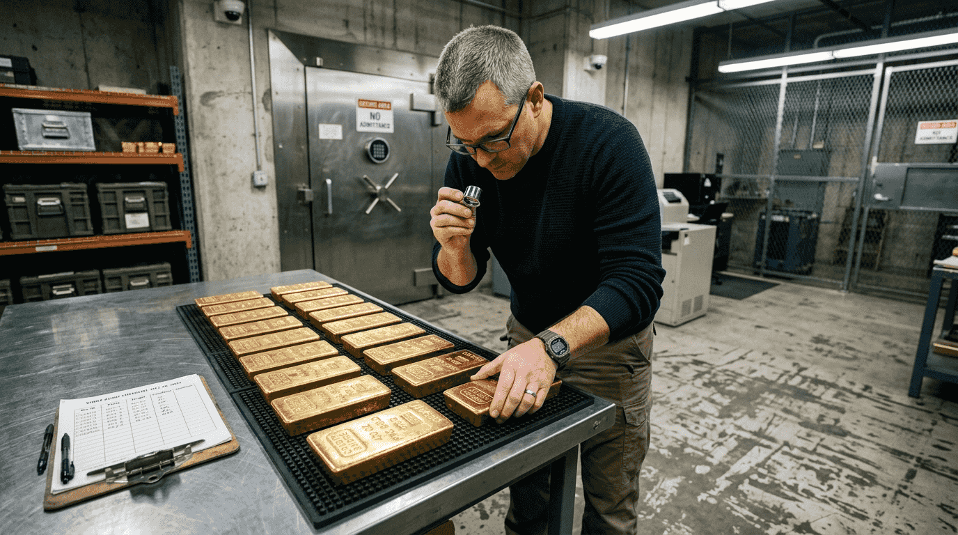 Supervisor inspects Good Delivery gold bars in vault