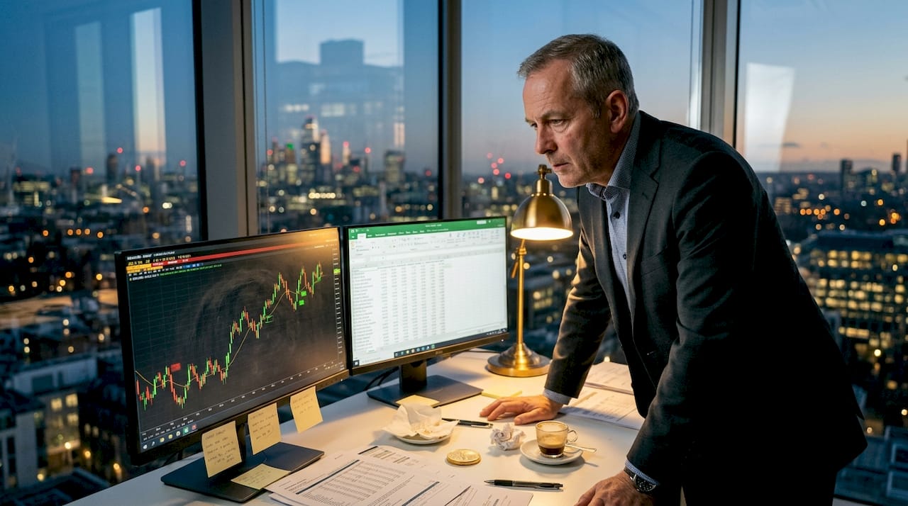 Trader reviewing gold futures in high-rise office