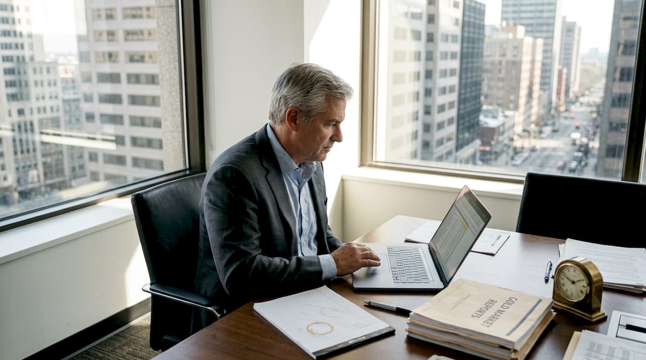 Institutional trader reviewing gold market reports
