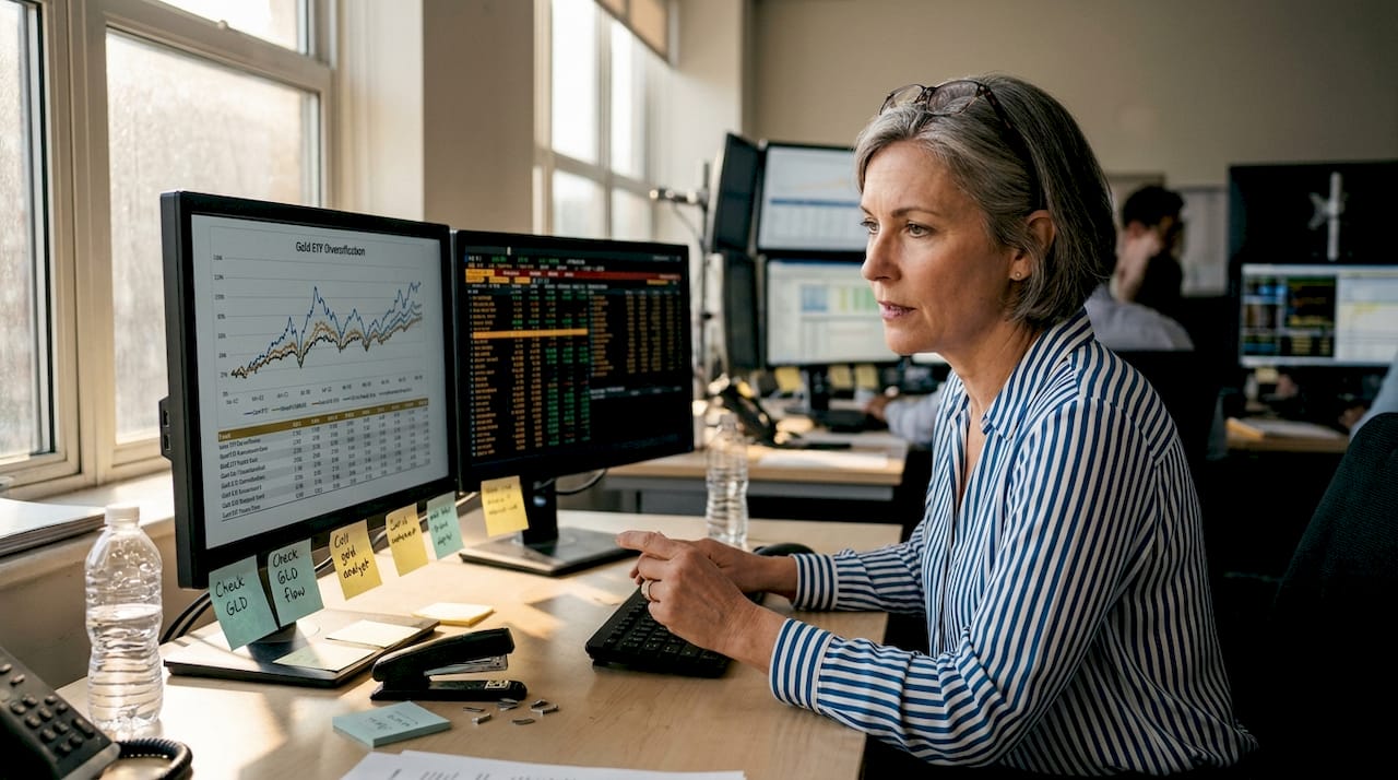 Portfolio manager evaluating gold ETF charts