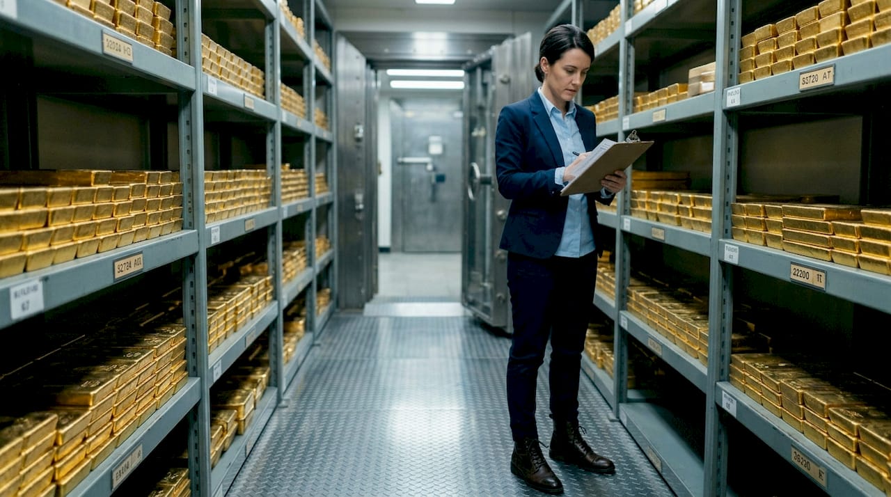 Portfolio manager in gold vault checking inventory