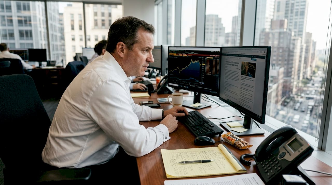 Trader at gold market workstation in office