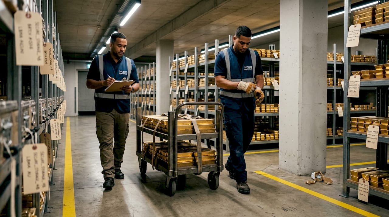 Logistics team moving gold bars in vault