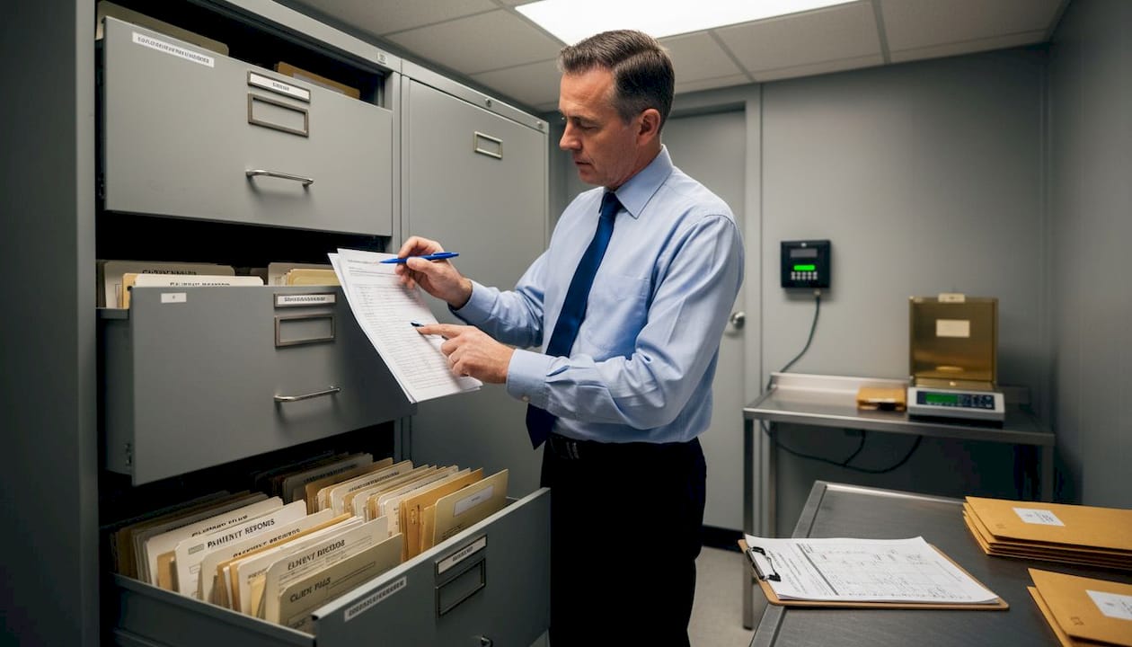 Operations analyst checks gold settlement records