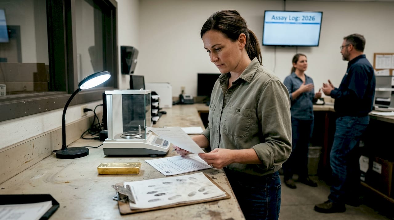 Lab technician checks gold assay papers