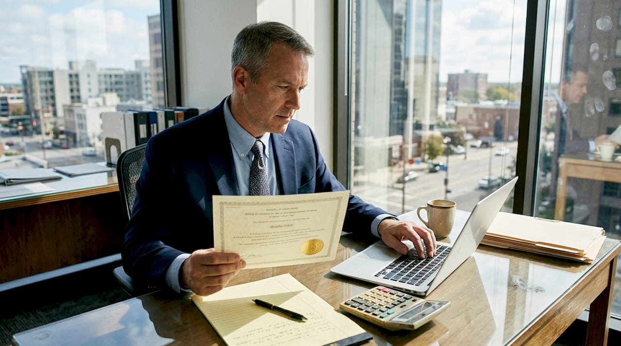 Professional reviews gold certificate at office desk