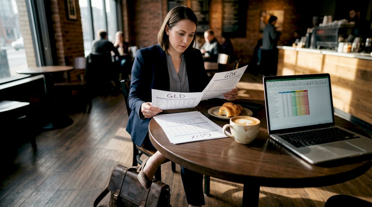 Analyst reviewing GLD and GDX ETF fact sheets