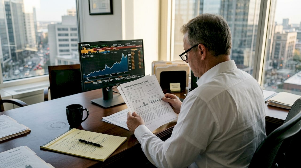 Investor analyzing gold performance report at desk