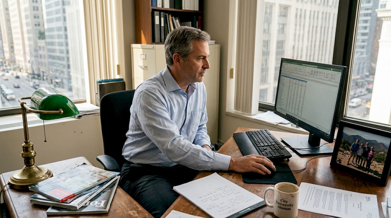 Advisor reviewing portfolio in bright office