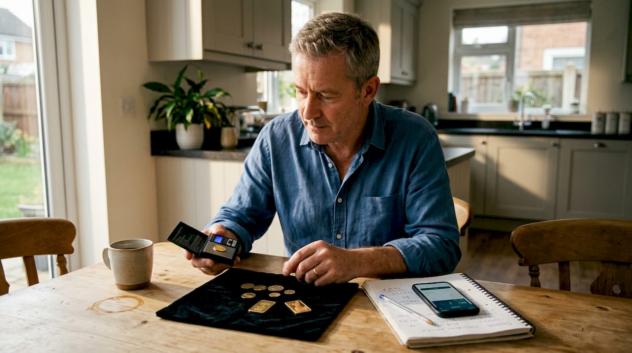 Investor inspecting gold coins and bars