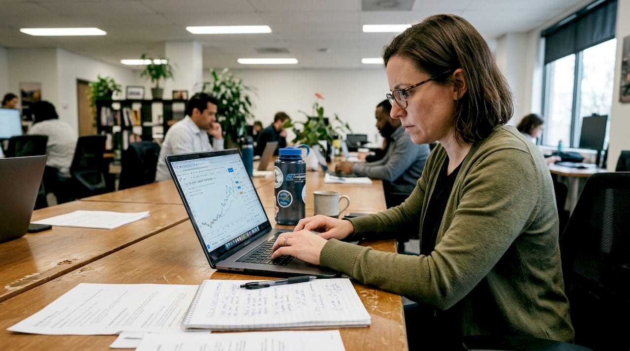 Professional researching gold ETFs at desk