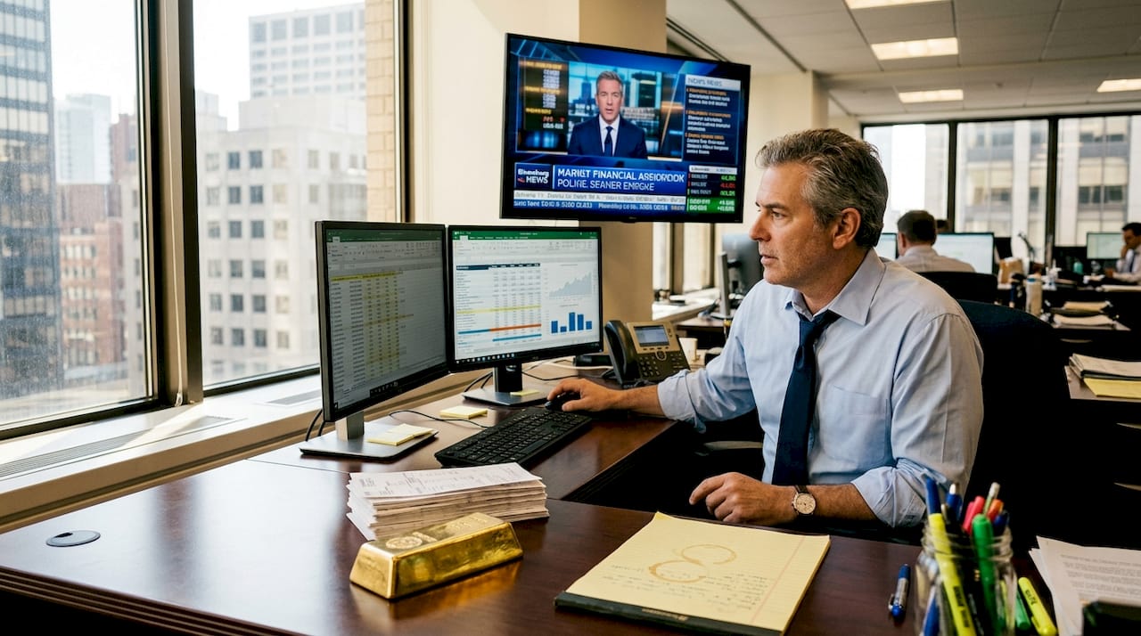 Gold trader at workstation in corner office