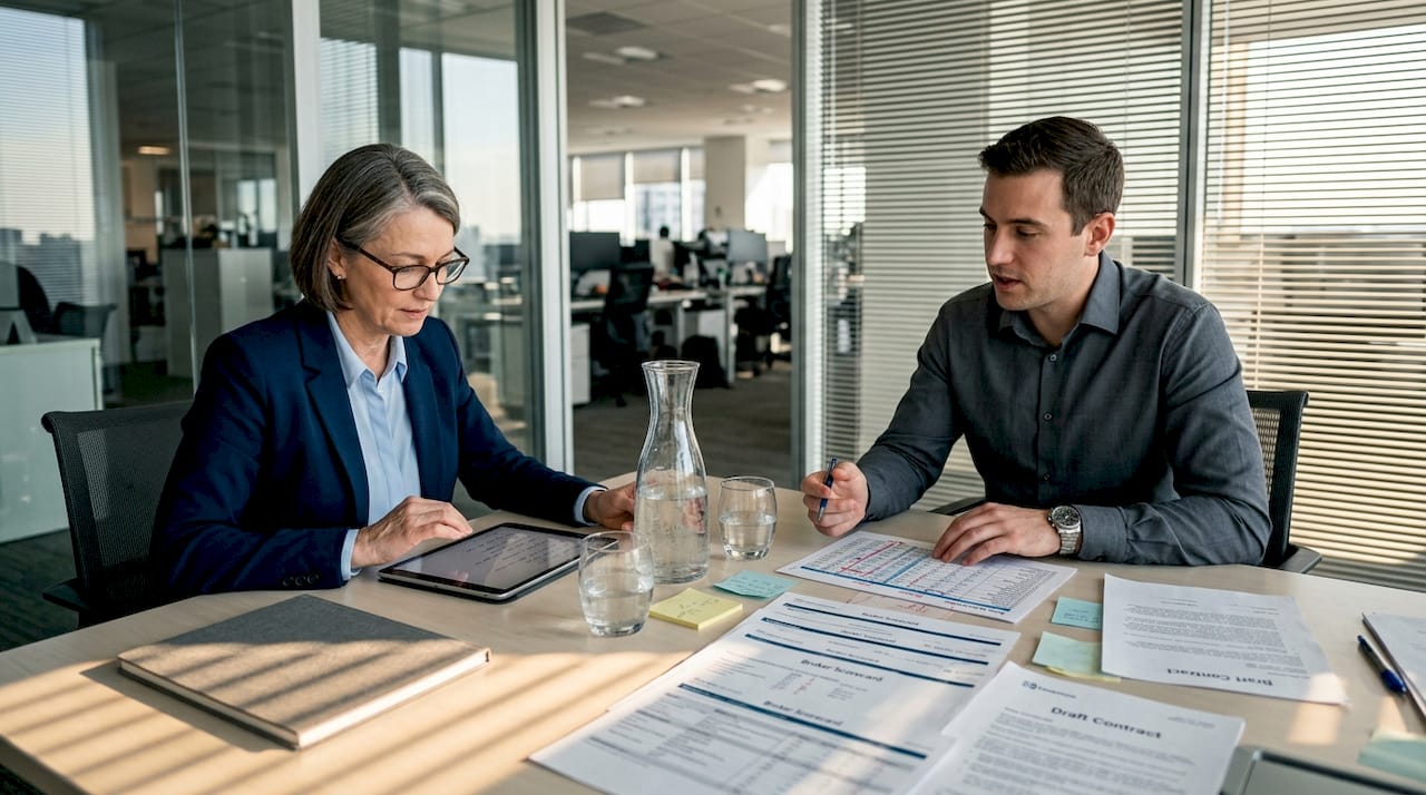 Portfolio managers reviewing broker scorecards