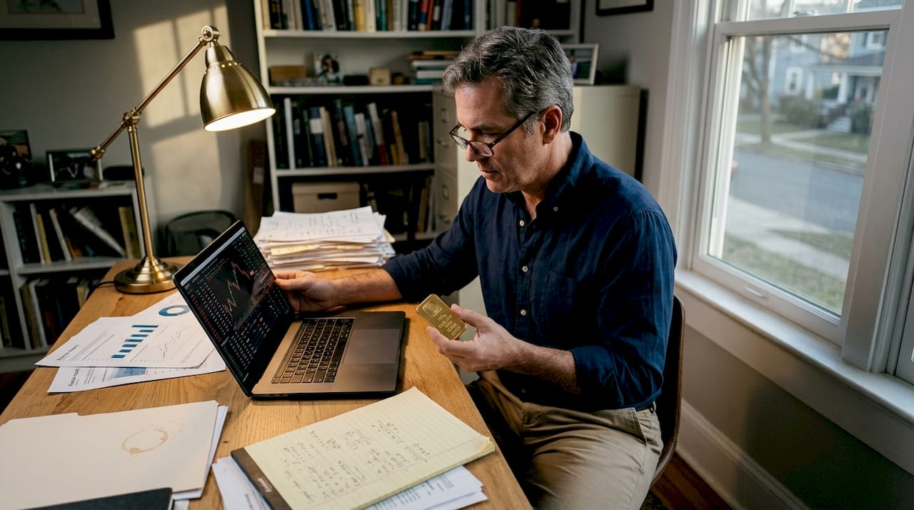 Investor reviewing gold trading at home