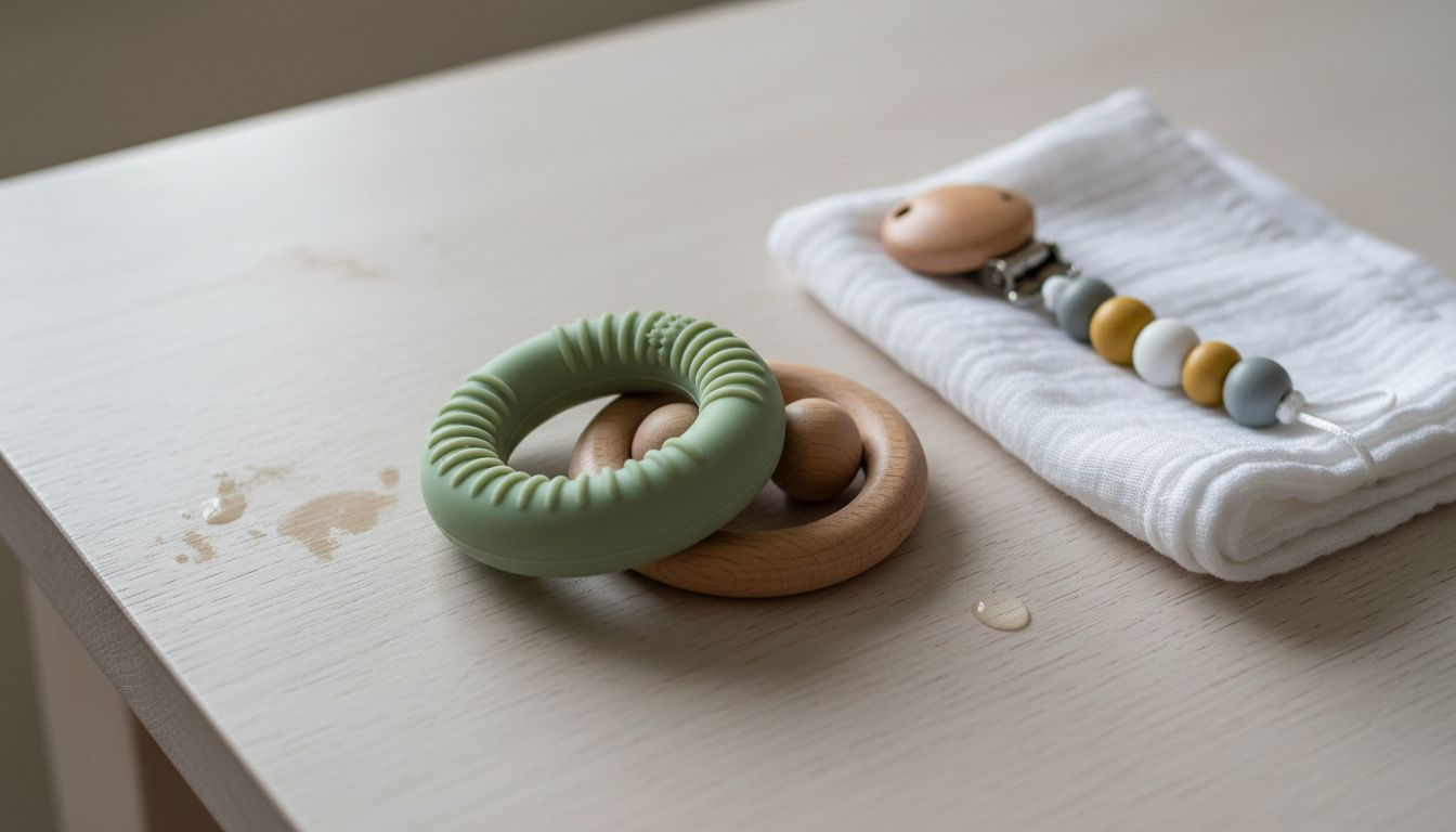 Ein strukturierter Beißring liegt auf einem Holztisch, daneben ein weiches Mulltuch.