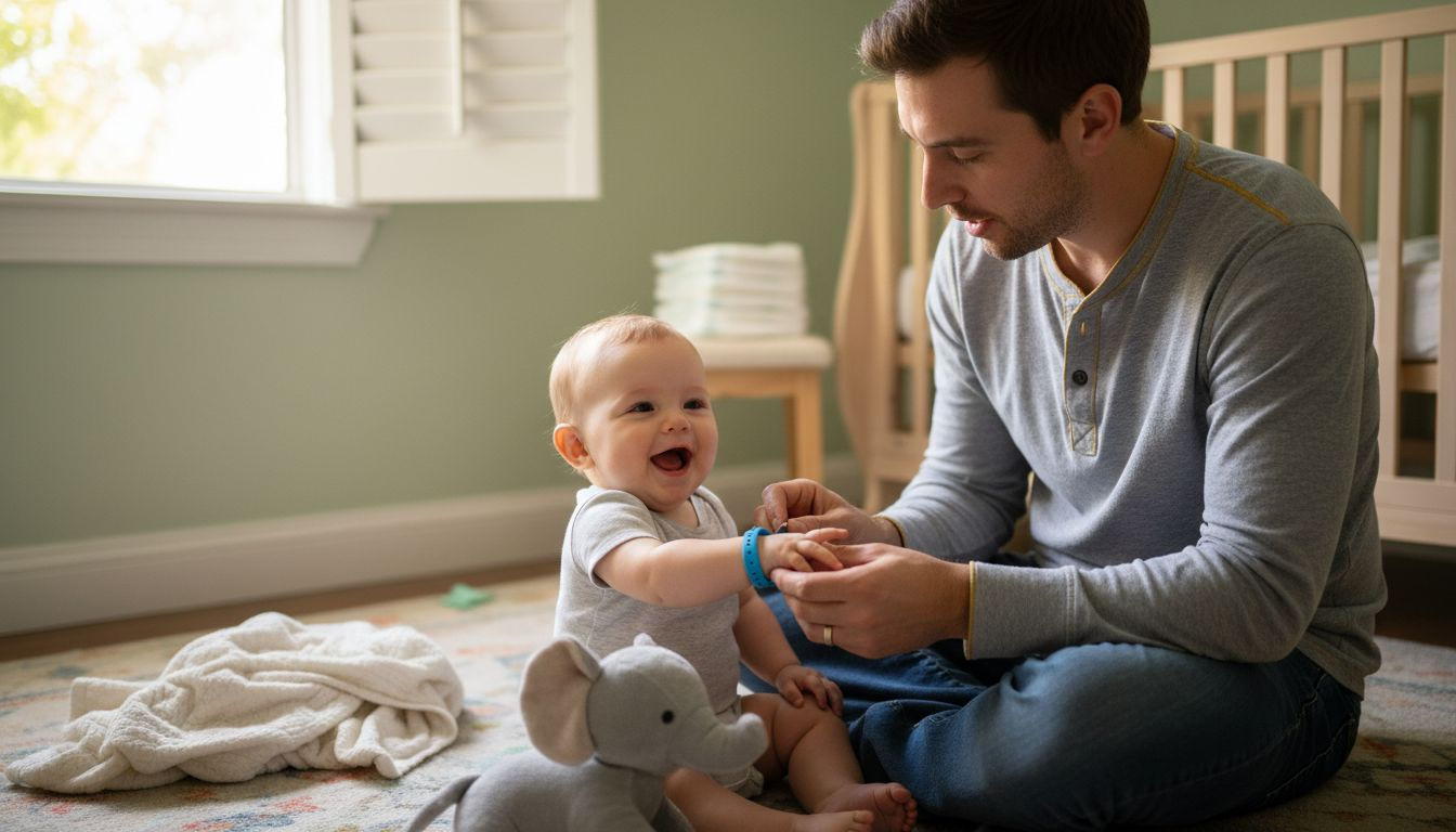 Der Vater prüft, ob der Schmuck dem Baby richtig passt.