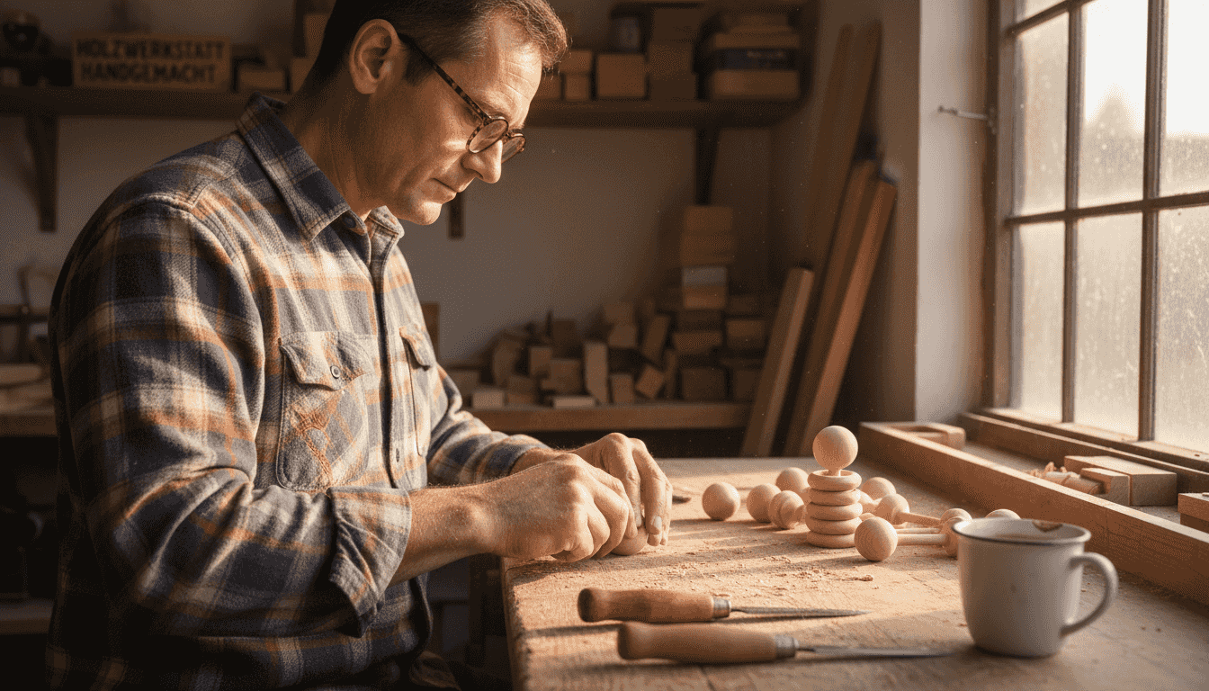 Ein Handwerker bringt eine Baby-Rassel aus Buchenholz mit feinem Schleifpapier in Form.