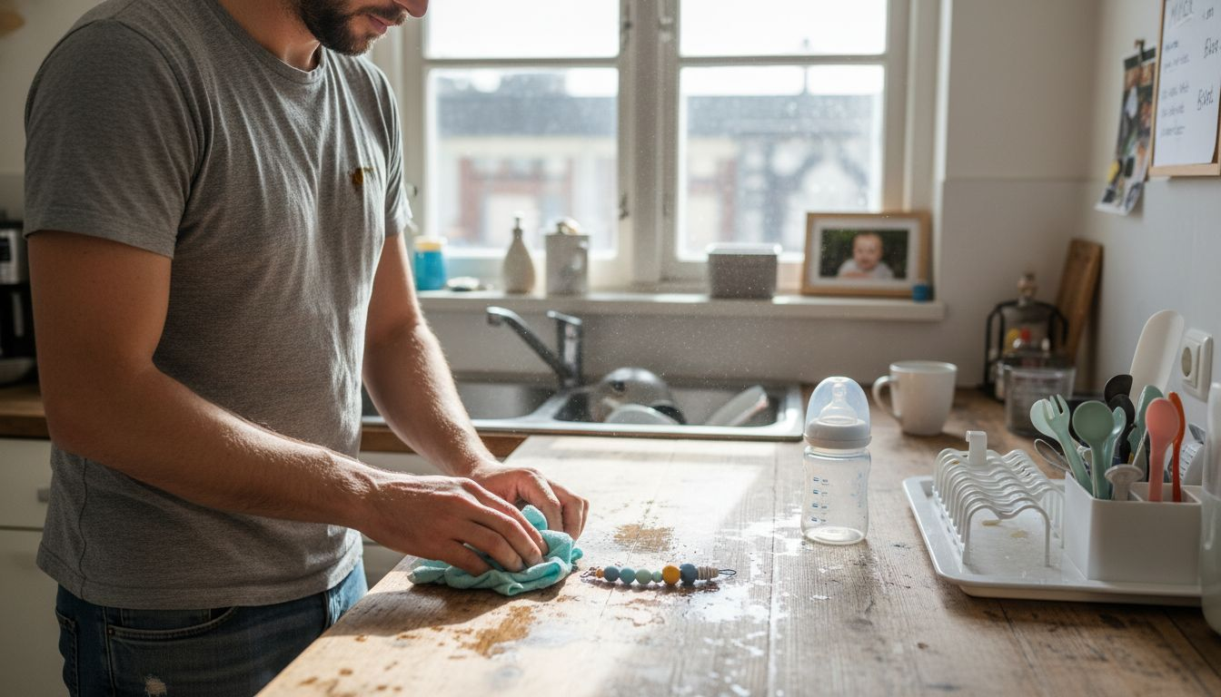 Papa macht die Silikon-Schnullerkette sauber.