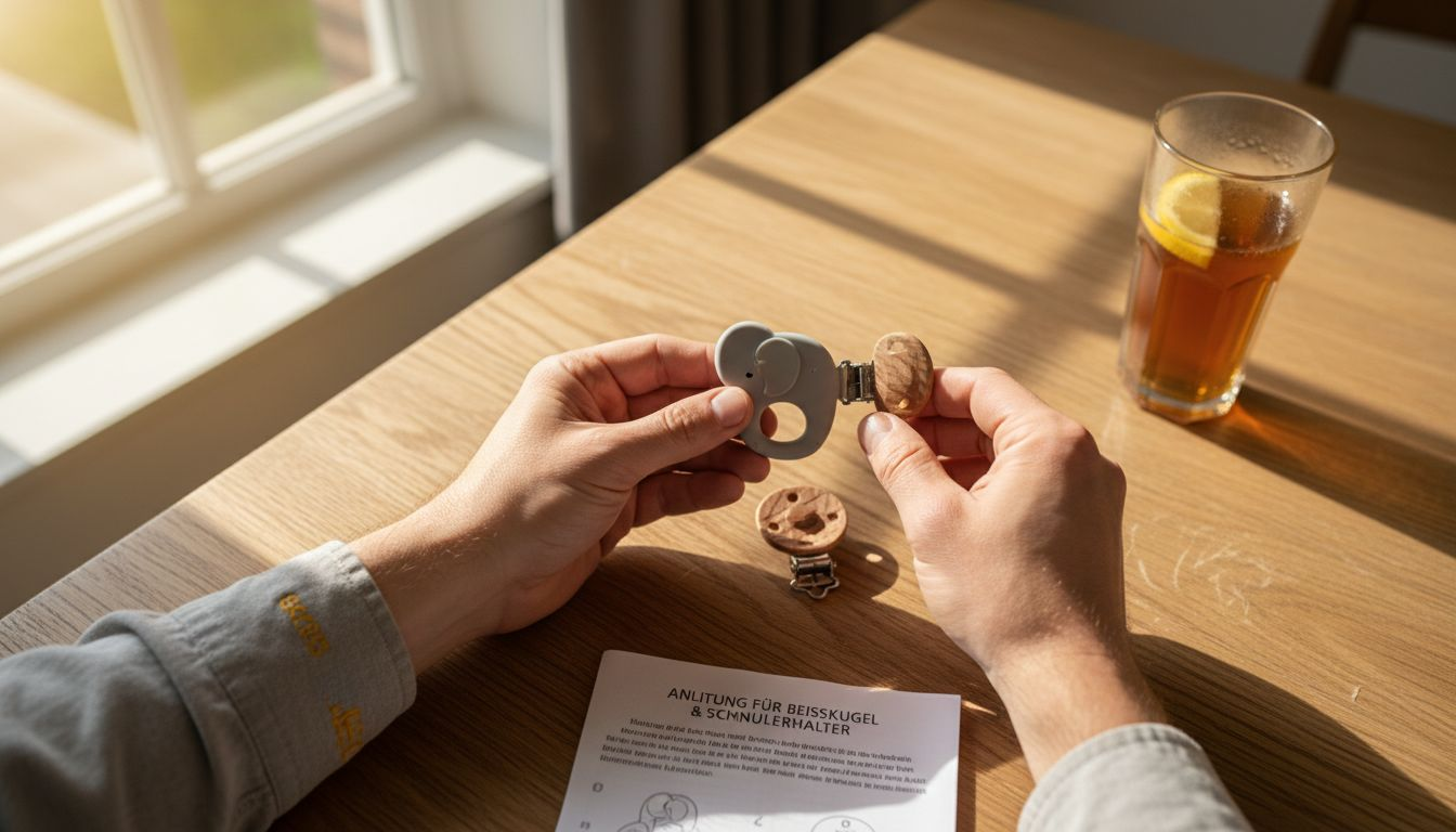 Ein Vater prüft sorgfältig, ob die Babyartikel auch wirklich geprüft und sicher sind.