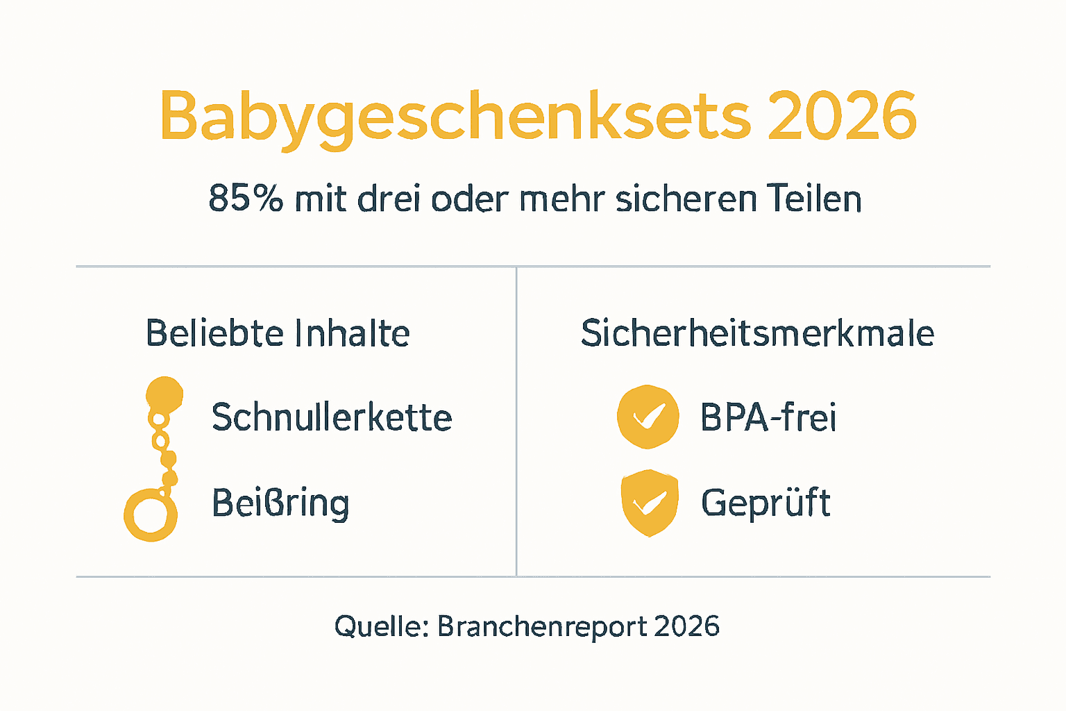 Die Infografik gibt einen Überblick über die Bestandteile und Sicherheitsaspekte von Geschenksets für Babys.