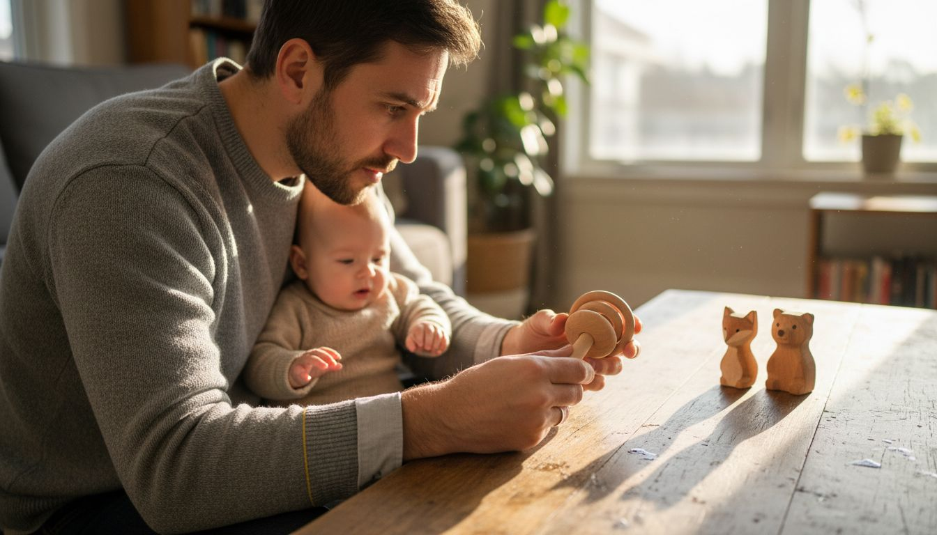 Ein Vater begutachtet aus nächster Nähe eine Holzrassel für sein Baby.