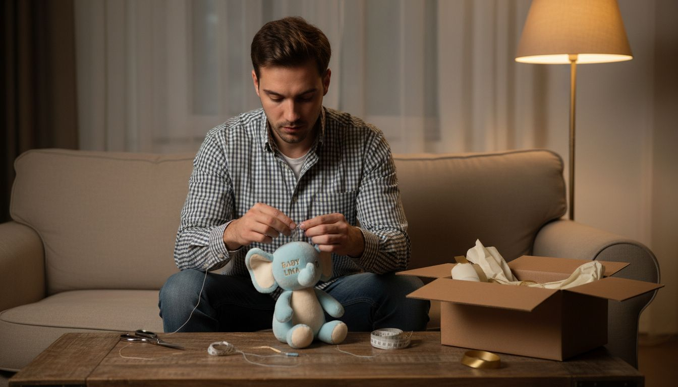Ein Vater sitzt gemütlich auf dem Sofa und näht liebevoll ein individuelles Kuscheltier für sein Kind.