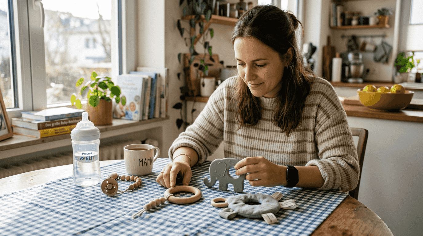 Eine Mutter vergleicht Beißringe aus Holz, Silikon und Stoff.