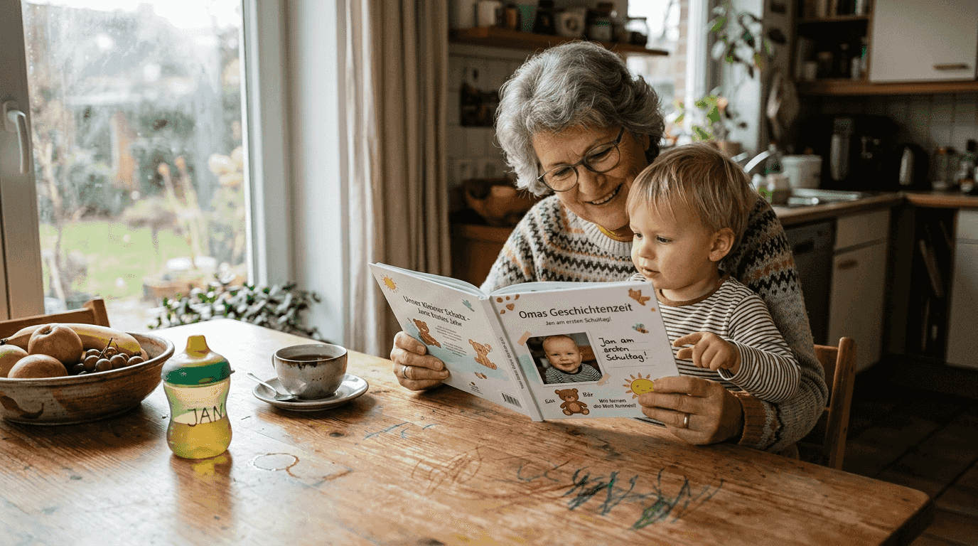 Eine Oma sitzt mit ihrem Enkelkind auf dem Schoß und liest ihm ein personalisiertes Bilderbuch vor.