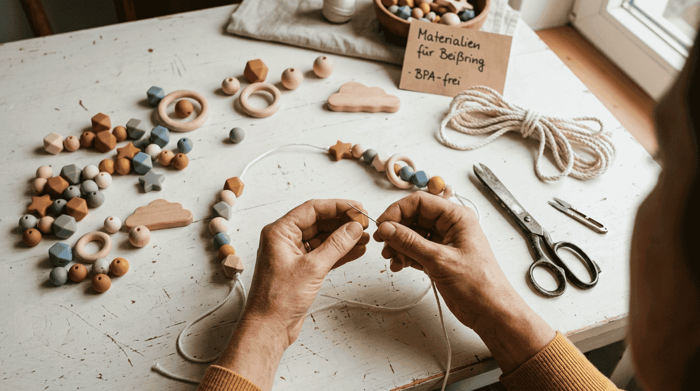 Nahaufnahme: Hände fädeln bunte Silikonperlen zu einer Kette auf.