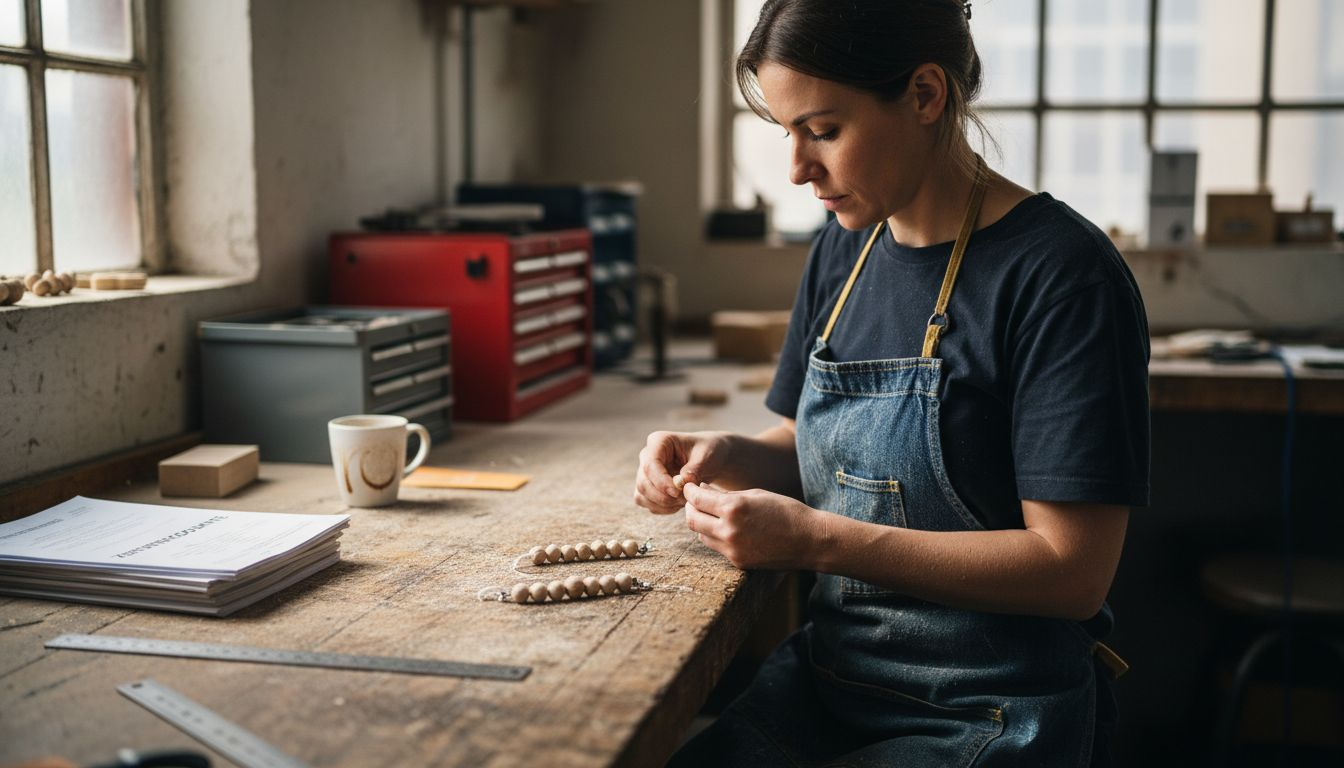 Ein Designer überprüft die Schnullerkette sorgfältig auf ihre Sicherheit.