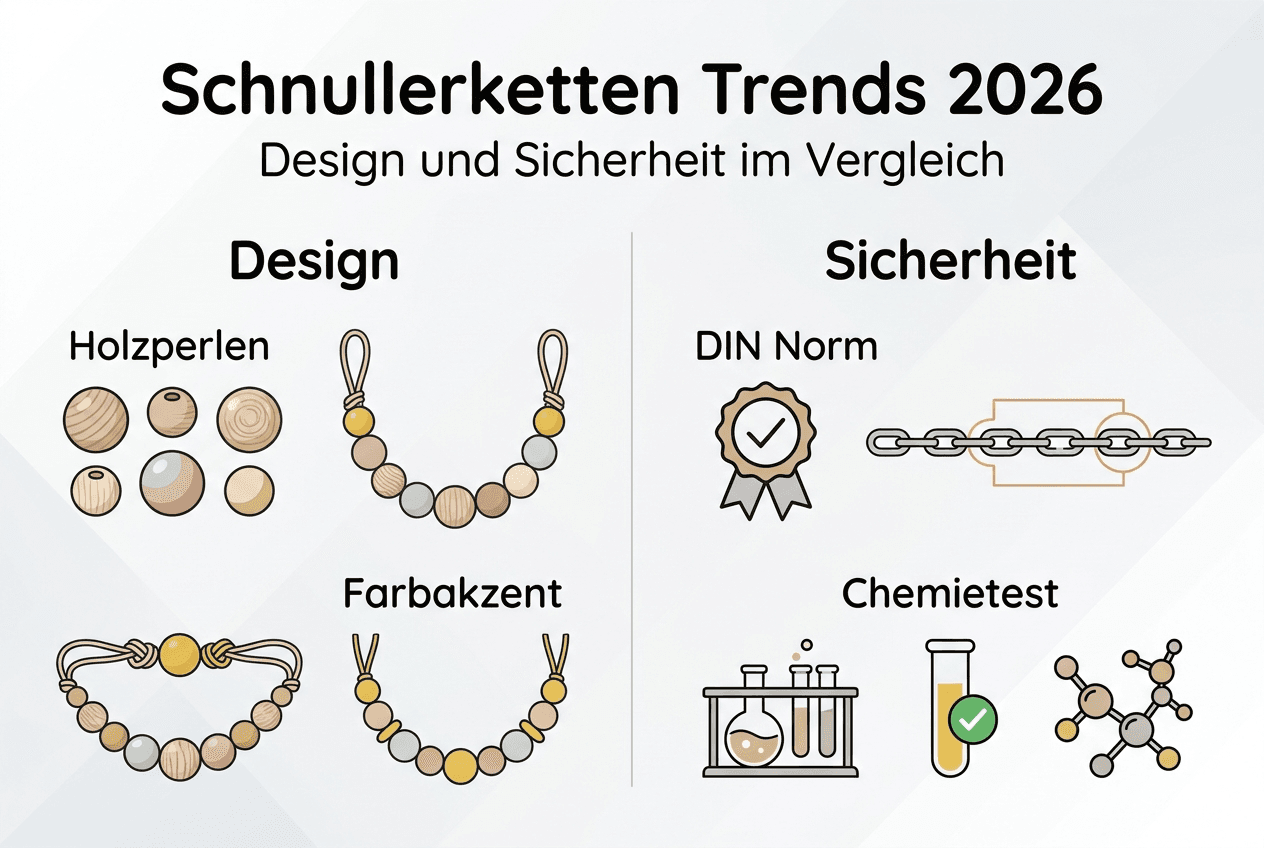 Infografik: Gestaltung und Sicherheitsaspekte von Schnullerketten