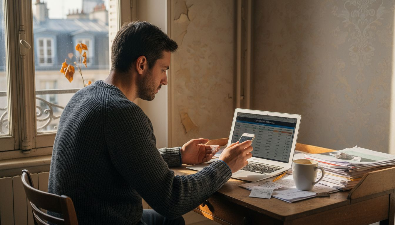 Un passionné de paris sportifs en train d’analyser et de comparer les cotes devant son ordinateur au bureau.