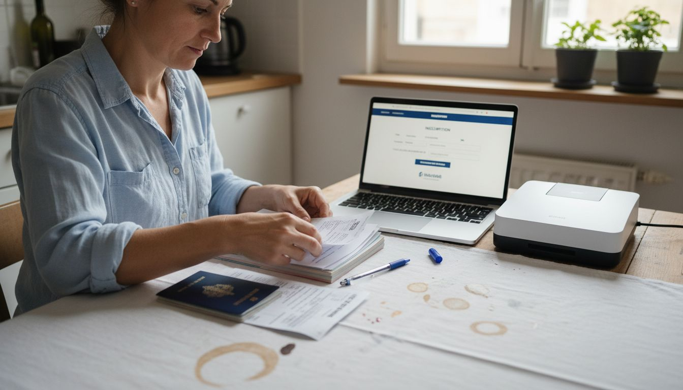 Une femme en train de rassembler les papiers nécessaires pour son inscription.