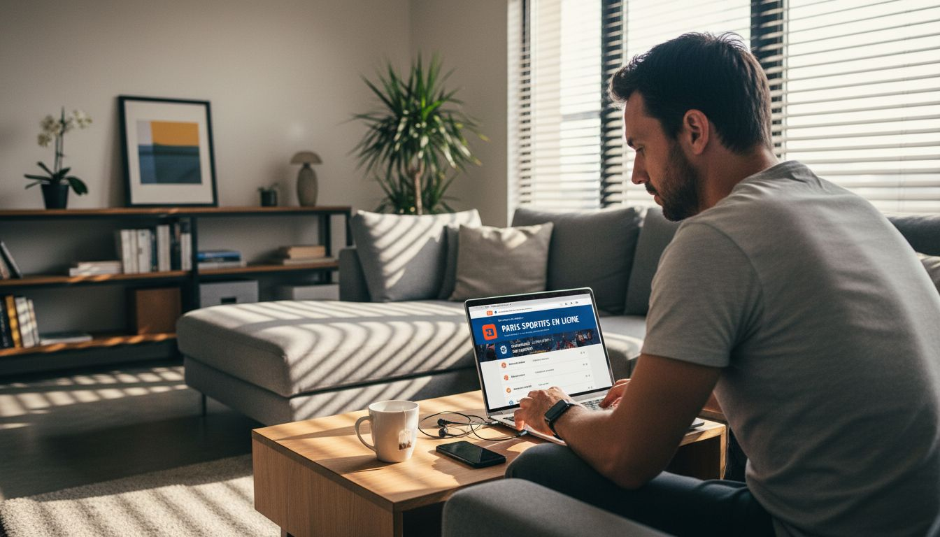 Un homme en train de parier en ligne sur un site de paris sportif fiable depuis son ordinateur